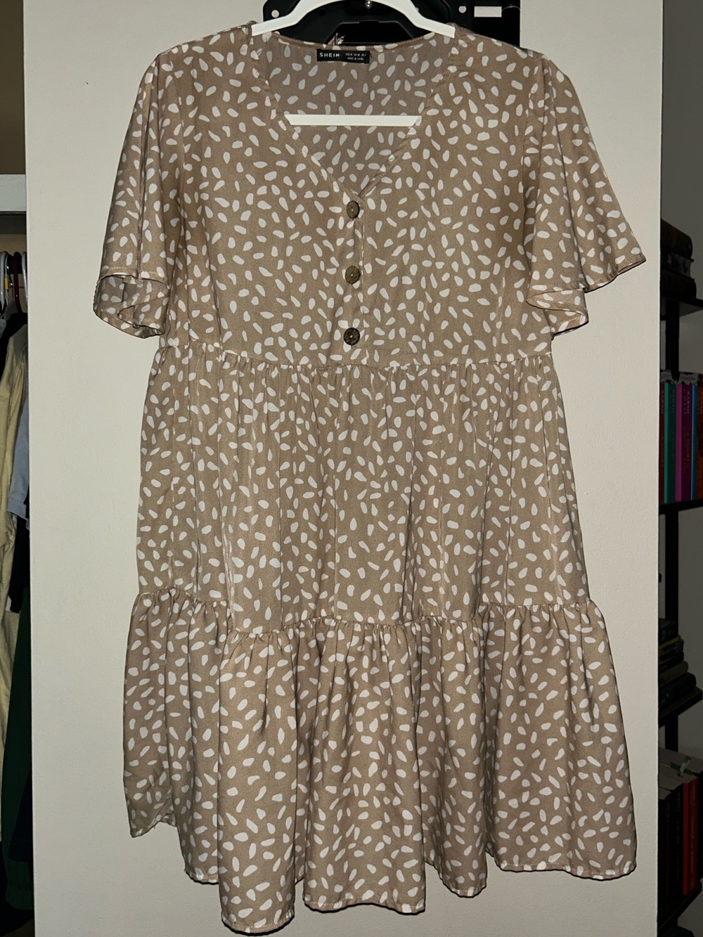 SHEIN Beige Tiered Midi Dress with White Spot Print